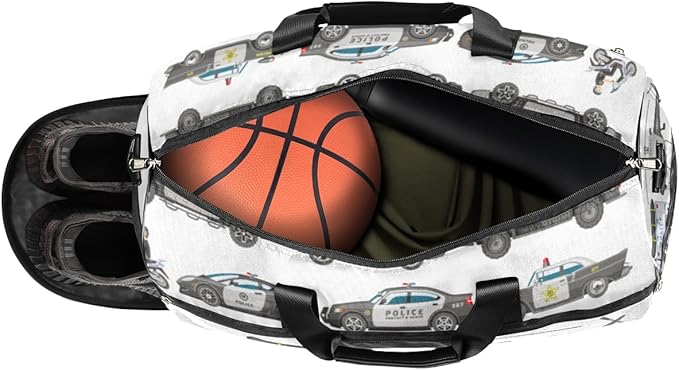 Police Car Dry Wet Depart Duffle Overnight Bag with Shoes Compartment & Wet Pockets, Policeman Motorbike Water Resistant Weekender Travel Gym Pouch For Swim Gymnastics Ballet Sleepovers