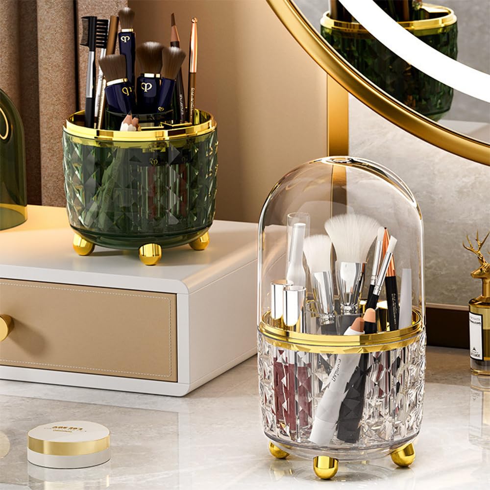 360° Rotating Makeup Brush Holder Organizer, Acrylic Makeup Organiser with Dustproof Lid, Cosmetic Storage Shelf for Dressing Table Bedroom (Dark Green)