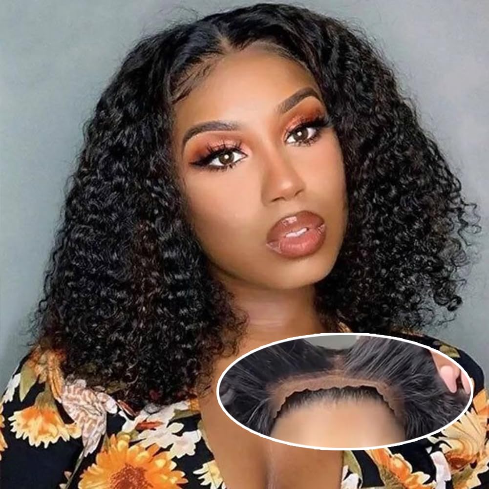 14 Inch Wear And Go Glueless Curly Bob Wig Human Hair Pre Plucked For Beginners,Deep Wave No Glue Wigs,Pre Cut Transparent Lace