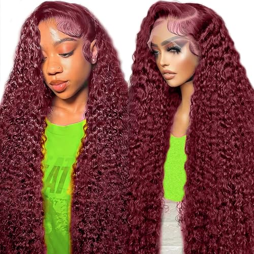 99j Burgundy Lace Front Wigs Human Hair 28 Inch Deep Wave Lace Front Wigs Human Hair Pre Plucked Red Curly Human Hair Wig 13x4 HD Colored Frontal Glueless Wet and Wavy Loose Deep Wave