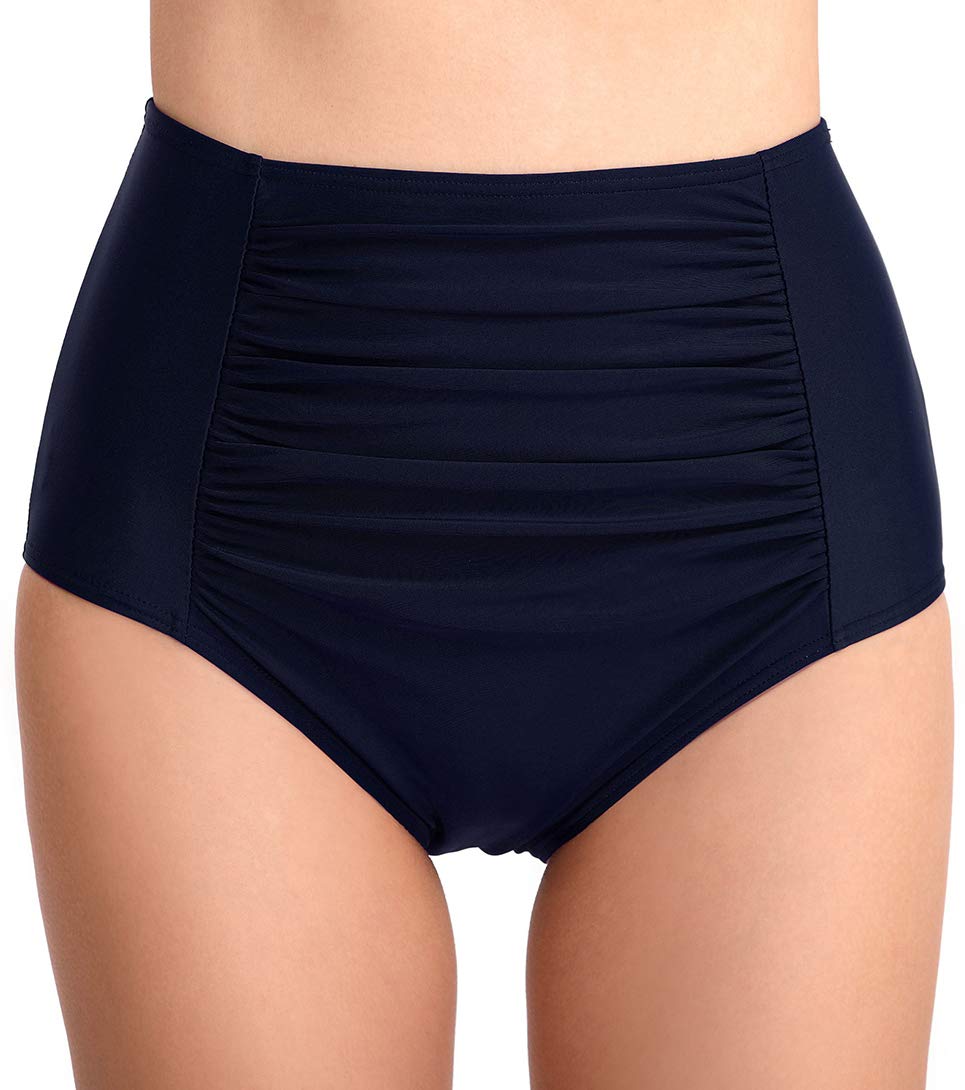 Micosuza Women's Ruched Swim Bottom Tummy Control High Waist Swim Brief Navy