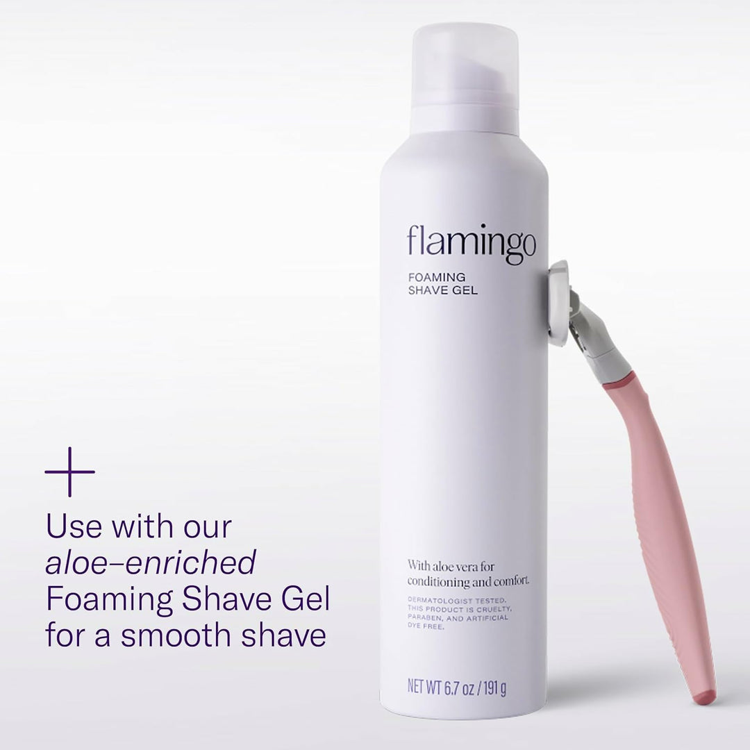 Flamingo Razors for Women, 1 Women's Razor Handle Rose), 4 Razor Five-Blade Refills, and 1 Shower Holder