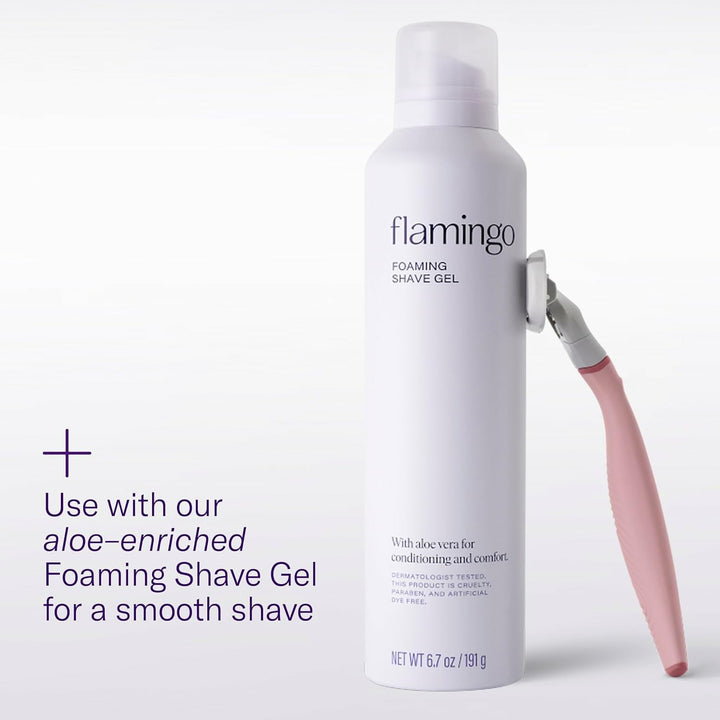 Flamingo Razors for Women, 1 Women's Razor Handle Rose), 4 Razor Five-Blade Refills, and 1 Shower Holder