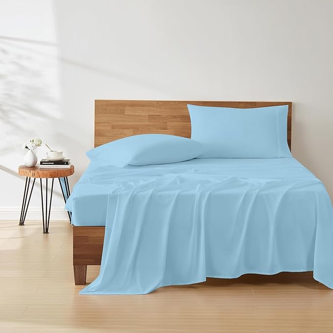 Cotton Blend 4-Piece Bed Sheets Set Queen Size, Light Blue Queen Sheets, Long-Staple Cotton Bed Sheets for Bed, Soft & Silky Sateen Weave 15-Inch Elasticized Deep Pocket (Queen,Light Blue)