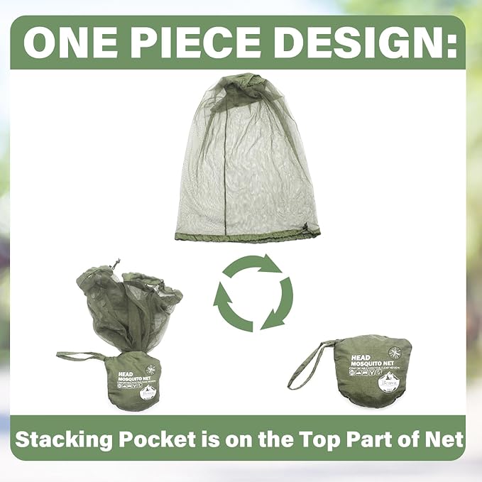 Benvo Mosquito Head Net Mesh One Piece Face Neck Fly Netting Cover from Bugs Gnats Noseeums Hat-Compatible Insect Shield for Fishing, Camping, Gardening (2pcs, Olive, Upgraded Big Net)