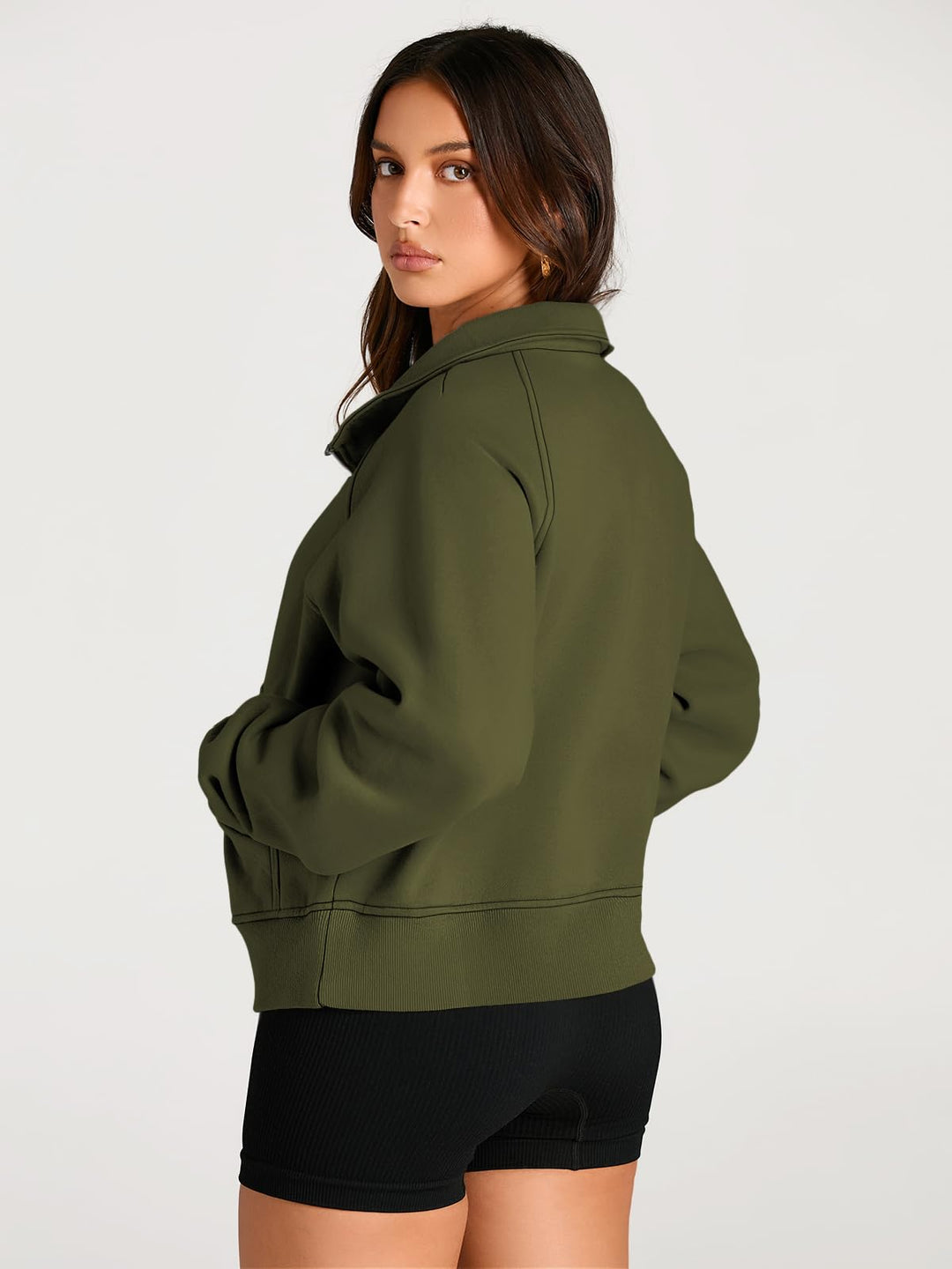 AUTOMET Womens Sweatshirts Half Zip Cropped Pullover Fleece Quarter Zipper Hoodies 2024 Fall Fashion Outfits Clothes Thumb Hole Armygreen