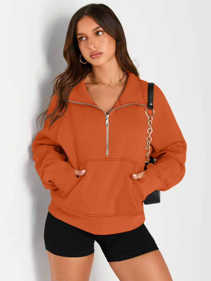 AUTOMET Womens Sweatshirts Half Zip Cropped Pullover Fleece Quarter Zipper Hoodies 2024 Fall Fashion Outfits Clothes Thumb Hole Orange