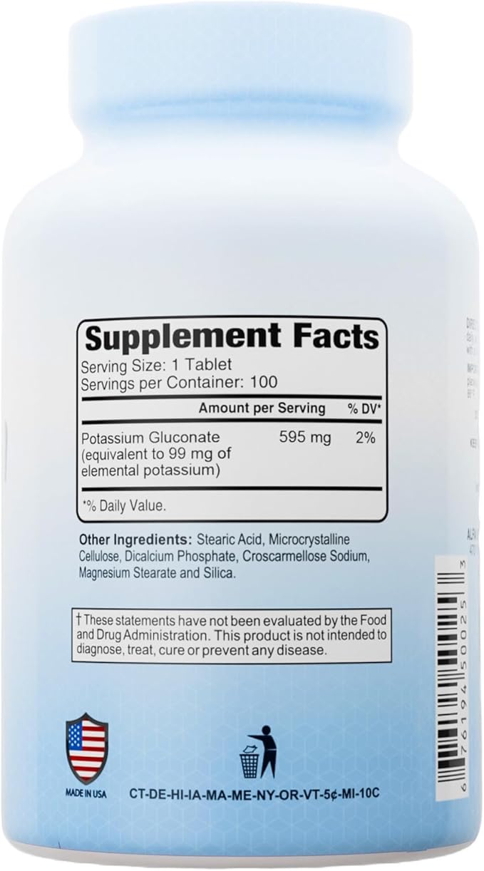 Potassium Gluconate 595 Mg by Alfa Vitamins - Supports Heart Function & Promotes Muscle acitvity - 100 Tablets