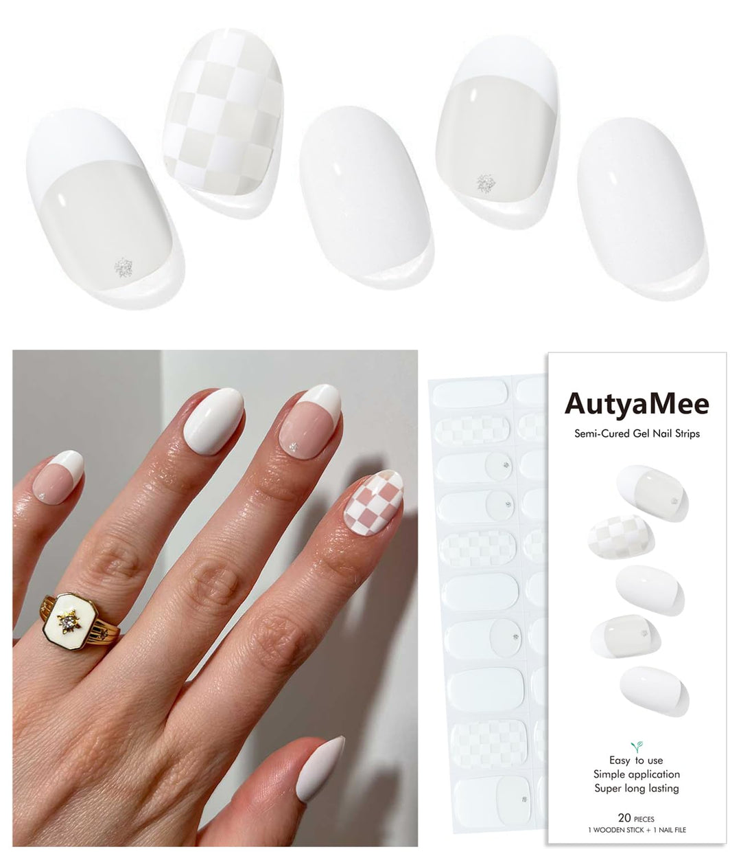AutyaMee Semi Cured Gel Nail Strips (White Checkered), French, 20 Pcs Gel Nail Wraps, Stickers, UV Light Required, Salon Quality, Long Lasting