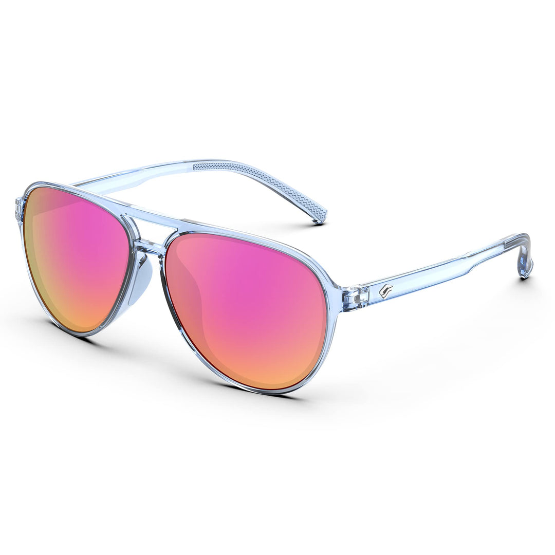 TOREGE Aviator Sunglasses Polarized Sunglasses for Men Women, Lightweight Sports Sun Glasses UV Protection For Fishing Boating Beach Golf Driving TR75(Crystal Blue Grey&Blue Grey&Pink Lens C15)