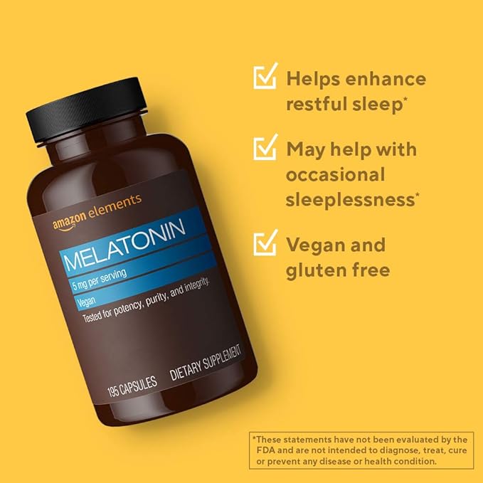 Amazon Elements - Melatonin 5mg Capsules, Helps with Occasional sleeplessness, Vegan, Unflavored, 195 Count (Pack of 2), 6 Month Supply (Packaging May Vary)