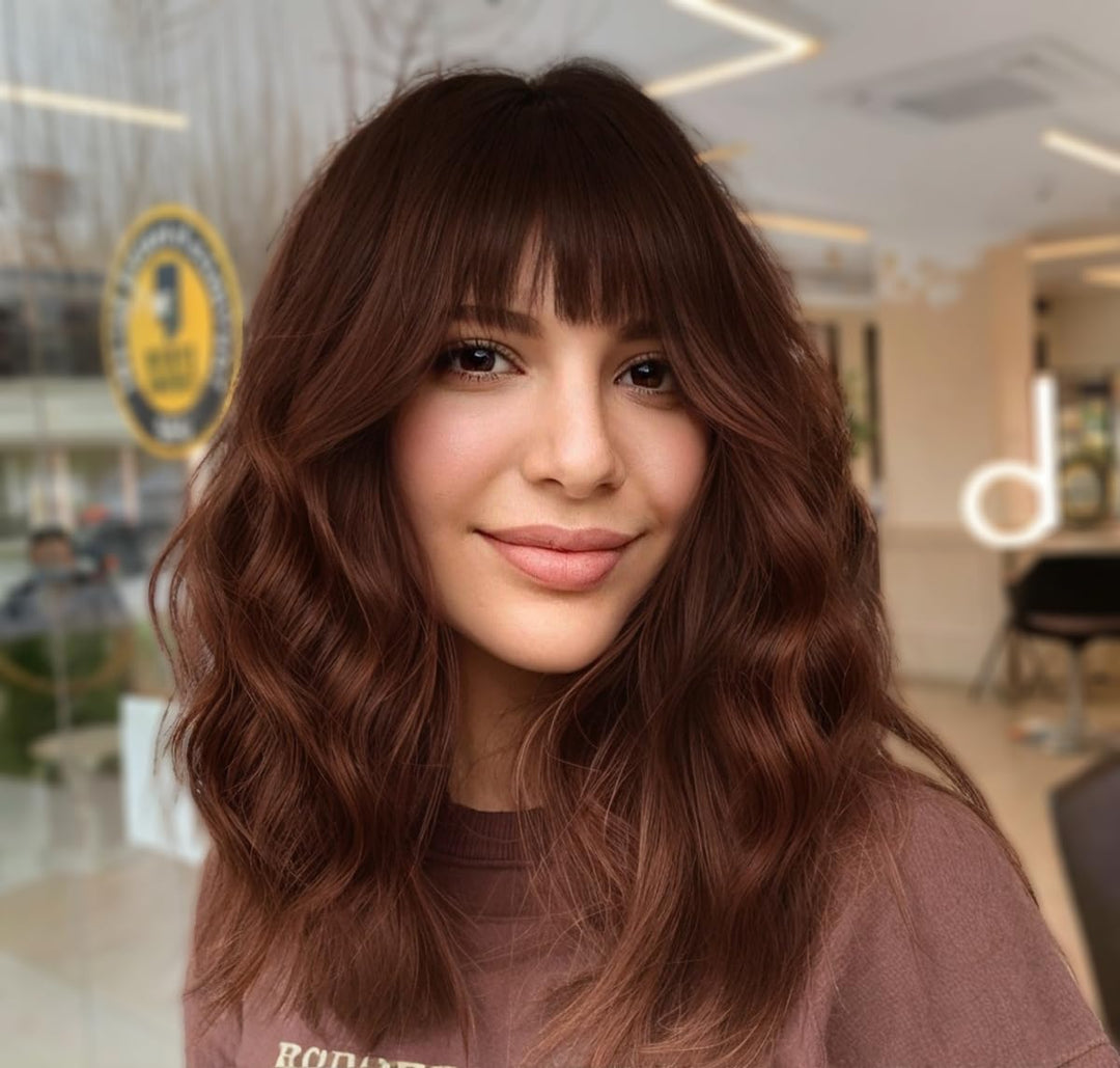 Aisi Hair Synthetic Wavy Curly Bob Wig With Bangs Ombre Reddish Brown Wig Short Bob Wavy Hair Wigs For Women Synthetic Heat Resi