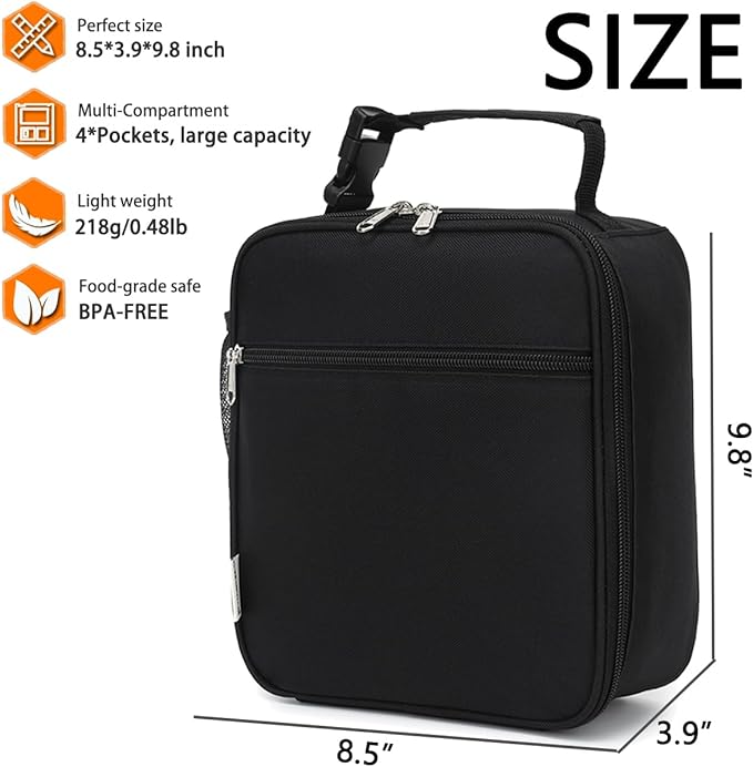 Lunch Box for Kids Boys Girls Men Women, Insulated Small Soft Cooler Lunch Bag Kit for School Work Picnic Travel - Reusable Portable lunchbox, Black