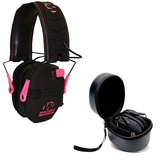 Walker's Razor Slim Shooter Pink Electronic Hunting Folding Hearing Protection Earmuffs with 23dB Noise Reduction & Black Shockproof Carrying Case
