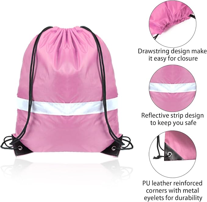 GoodtoU Drawstring Backpacks with Reflective Strip, Bulk Bags for Sport, Travel, Team (128Pcs, Pink)
