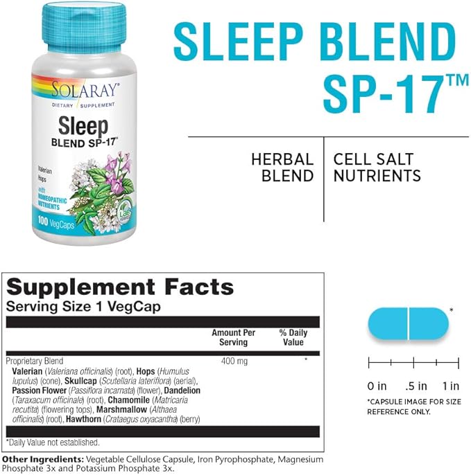 SOLARAY Sleep Blend SP-17 | Herbal Blend w/Cell Salt Nutrients to Help Support Healthy Sleep & Relaxation | Non-GMO, Vegan | 100 VegCaps