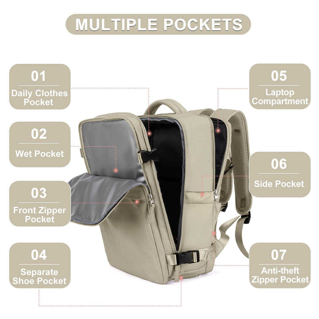 coofay Backpack, Laptop Travel Daypack for Women & Men, Airline Approved Carry On, 15.6'' Laptop Compartment, Waterproof, Anti-Theft, USB Port, Shoes Compartment, 2L, Khaki