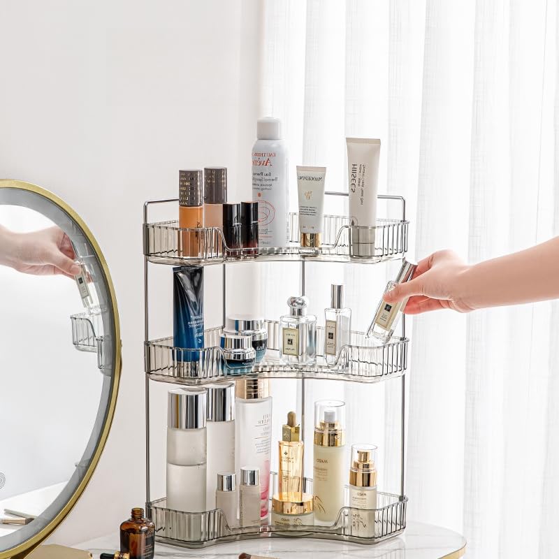 Grey Corner Vanity Organiser - 3 Tier Bathroom Counter Shelf for Makeup, Skincare, Toiletries & More