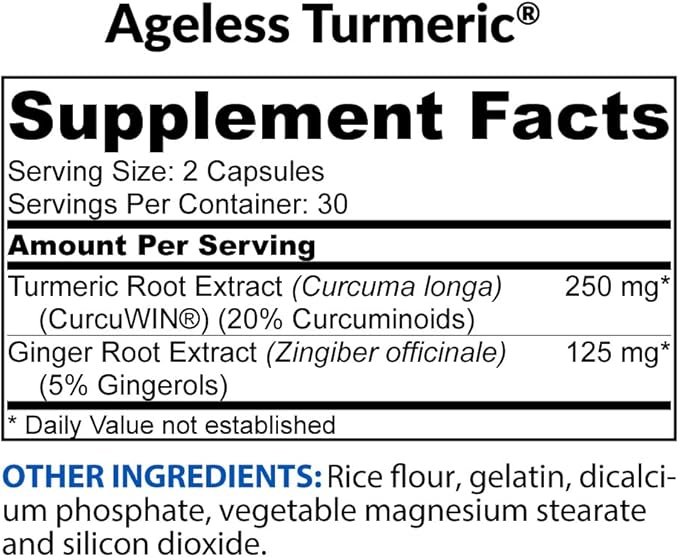 BioTrust Ageless Turmeric Supplement - CurcuWIN Turmeric Curcumin with Ginger Extract - 46x More Bioavailable, High Absorption, Long Lasting - Antioxidant Support (60 Capsules)