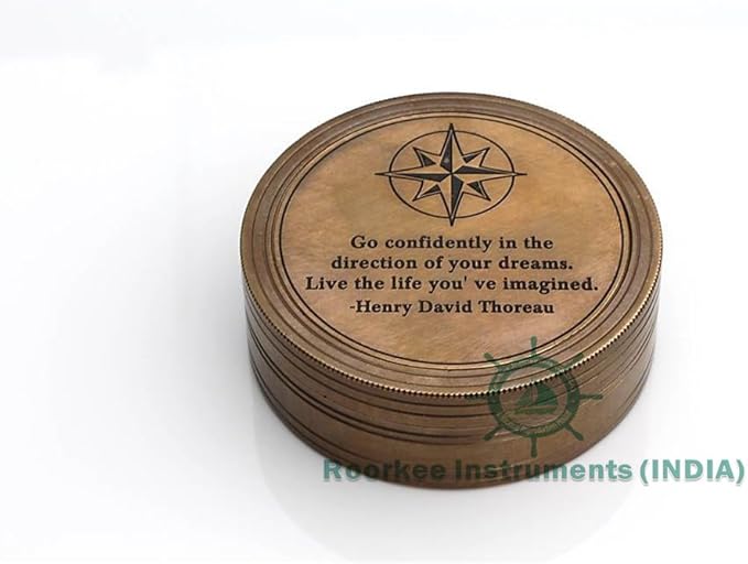 Handmade Brass Sundial Compass – Thoreau Dream Chaser Quote – Go Confidently in The Direction of Your Dreams – Vintage Sun Clock with Leather Case – Gift for Explorer, Graduate or Loved One