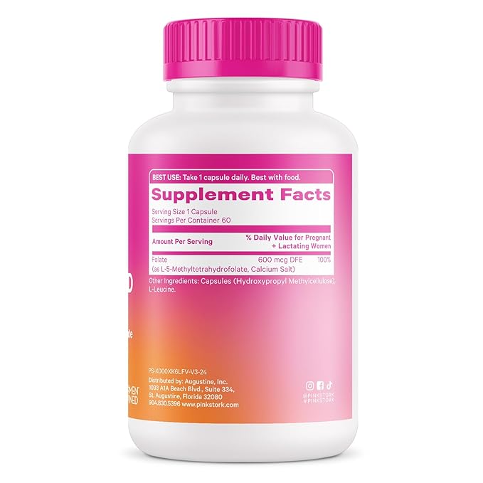 Pink Stork Folate: Methyl Folate - MTHFR Acid, Natural Form of Folic Acid for Pregnancy, Formulated for Mom + Baby, Women-Owned, 60 Capsules (Packaging May Vary)