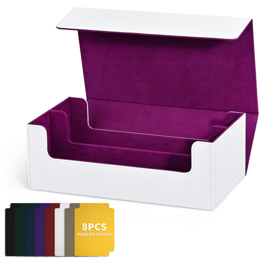 UAONO Card Storage Box, Premium Commander Deck Box Holds 1200+ Single Sleeved Trading Cards, PU PU Leather Card Deck Case Fits MTG Yugioh TCG Magic Game Cards (White&Purple)
