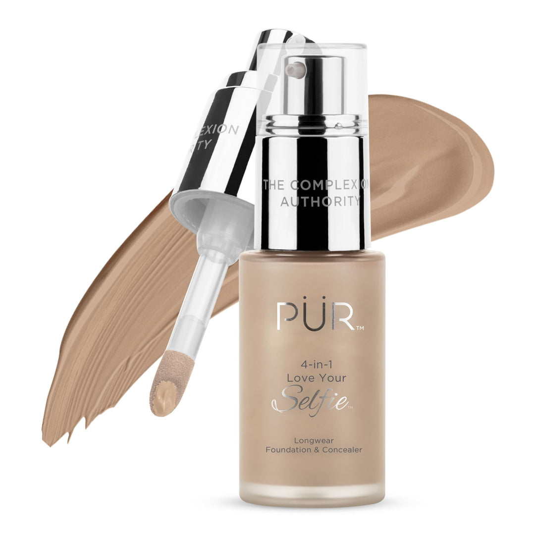 PÜR MINERALS 4-in-1 Love Your Selfie Longwear Foundation & Concealer, Full Coverage Liquid Foundation, Hydrating Formula, Cruelty Free