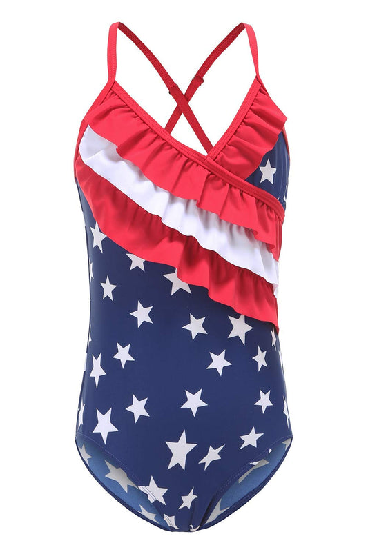 Mardonskey Toddler Girls One Piece Bathing Suit Hawaiian Ruffle Swimsuits Kids Beach Swimwear for Vacation US Flag 3T