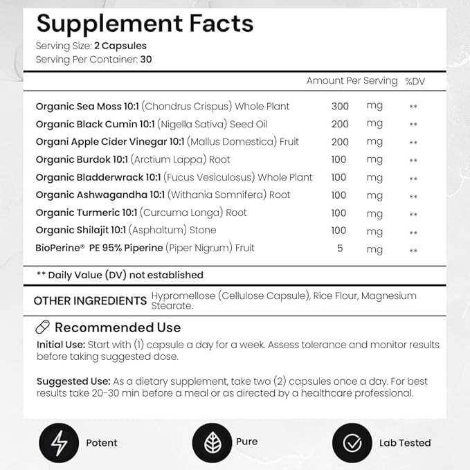 Restore - USDA Organic Superfood & Herbal Complex - 12,000mg - Sea Moss, Ashwagandha, Black Seed Oil, Turmeric, Shilajit & BioPerine® for Max Asorption- Energy, Immune & Detox Support (60 Capsules)