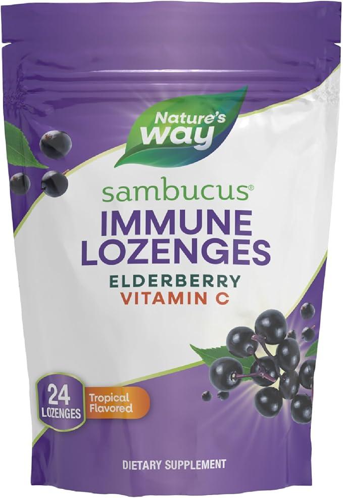 Nature’s Way Sambucus Immune Lozenges, High Potency Vitamin C, Elderberry, 24 Tropical Flavored Lozenges (Packaging May Vary)