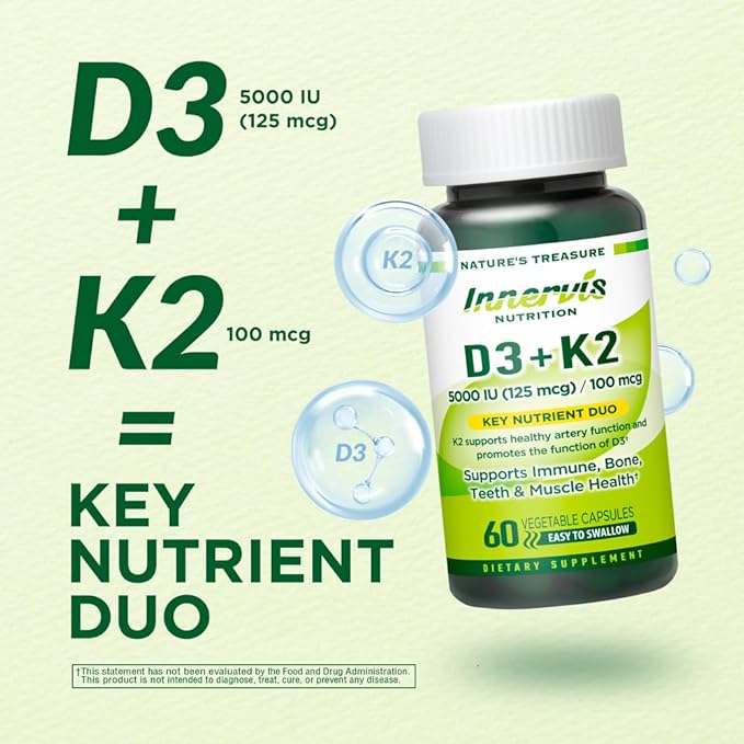 Vitamin D3 5000 IU + K2 100 mcg Immune Support Healthy Bone Teeth 60 Vegetable Capsules Supplement
