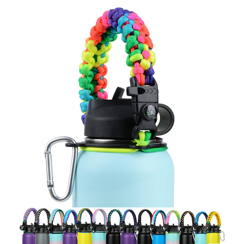 Paracord Handle - Fits Wide Mouth Bottles 12oz to 64oz - Durable Carrier, Paracord Carrier Strap Cord with Safety Ring,Compass and Carabiner - Ideal Water Bottle Handle Strap (Dark rainbow Flower)