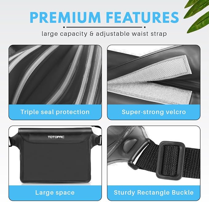 2-Pack Waterproof Fanny Pack, Phone Pouch with Waist Strap, 9x6.7 Inch Dry Bag for Phone, Cash, and Valuables – for Swimming, Kayaking, Boating, Snorkeling, and Water Sports (2, Black + Black)