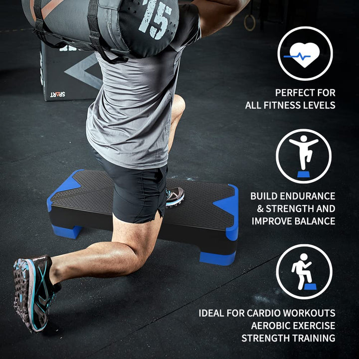 SPART Adjustable Workout Aerobic Stepper, Aerobic Exercise Step Platform with 4 Risers, 3 Levels Adjust 4" - 6" - 8", 26.77" Trainer Stepper with Non-Slip Surface for Home Gym & Extra Risers Options