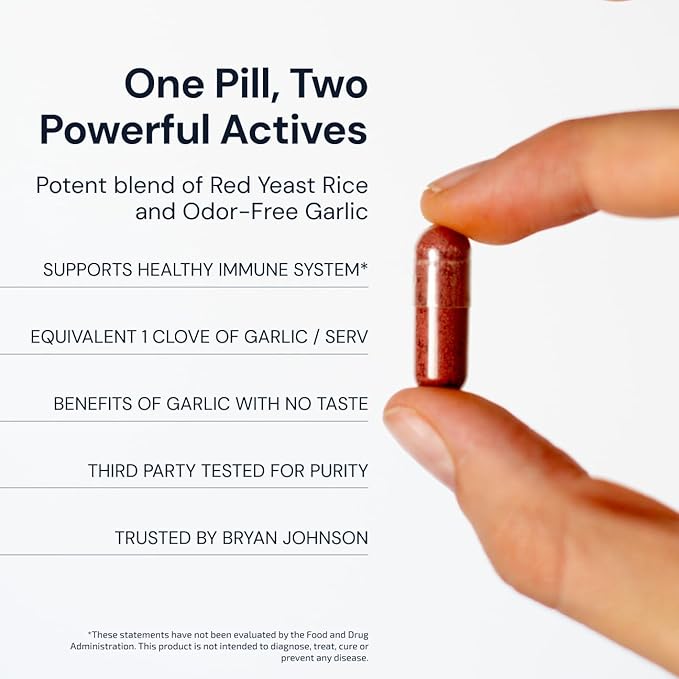 Blueprint Bryan Johnson Red Yeast Rice and Odor Free Garlic Supplement - Herbal Dietary Supplement for Women and Men - Vegan - (30 Servings)