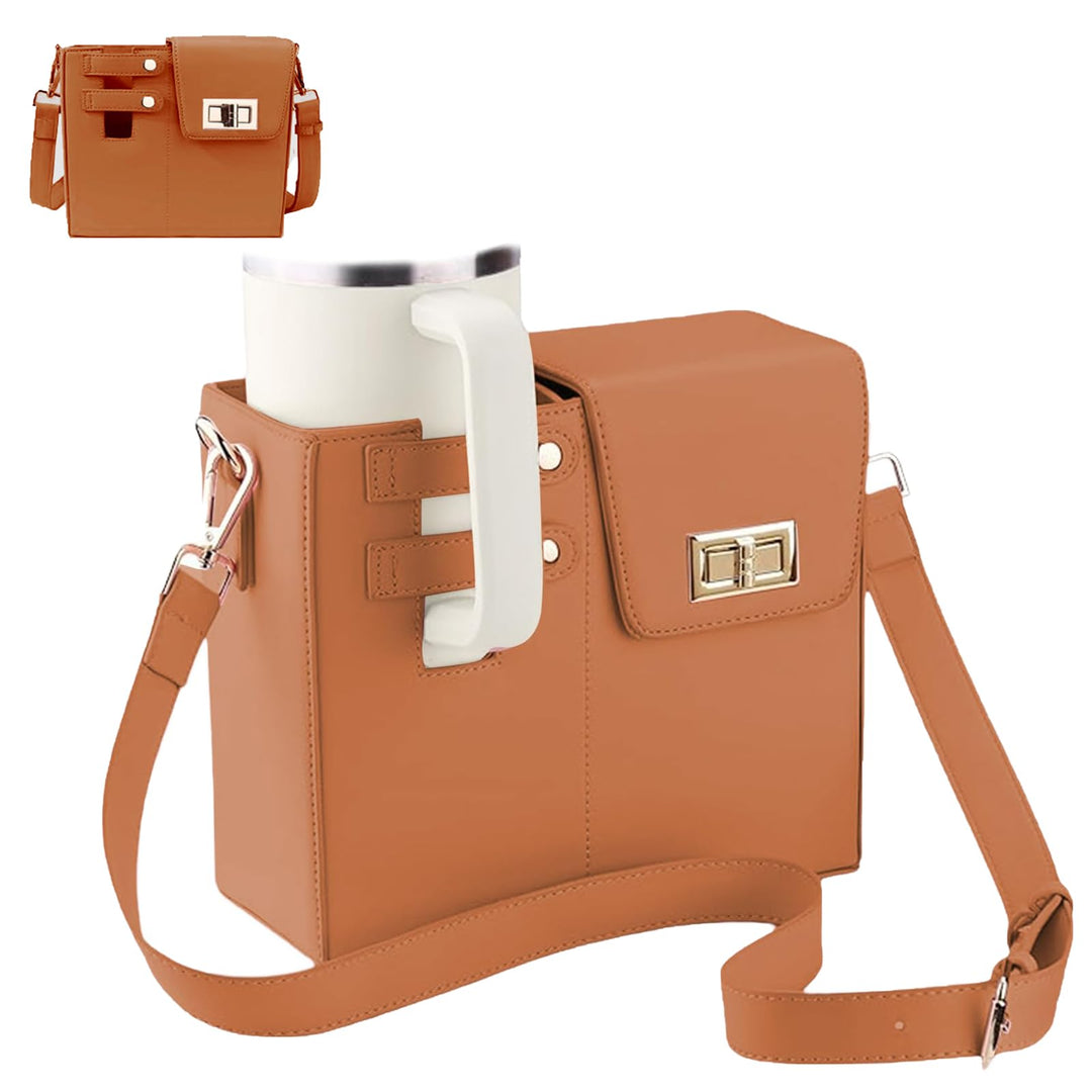 PUENBKO Outdoor Portable Crossbody Water Cup Storage Bag, Cross Body Bag with Water Bottle Holder, Adjustable Shoulder Strap, Water Bottle Carrier Bag with Storage Pocket for Women (brown)