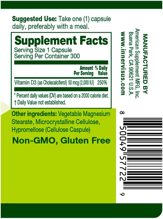 Vitamin D3 2000 IU (50 mcg) 300 Vegetable Capsules Support Healthy Bones Teeth Immune System Supplement