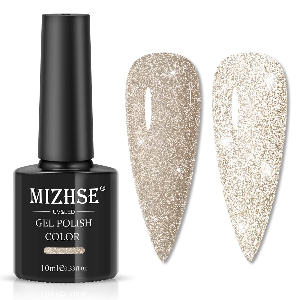 Mizhse Reflective Glitter Gel Nail Polish, Light Gold Sparkly Shiny Gel Polish, Shimmer Nail Gel Soak Off Nail Art Manicure Diy