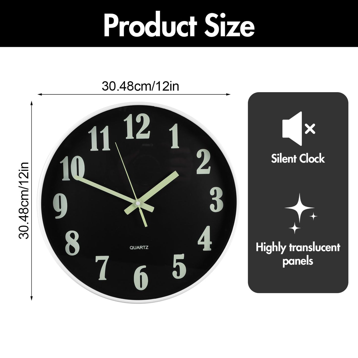 GEOKILO 12 Inch Luminous Wall Clocks, Silent Wall Clock Non Ticking, Wooden Modern Round Clock with Night Light, Decorative Wall Clock for Kitchen Office Bedroom (Battery Not Included)