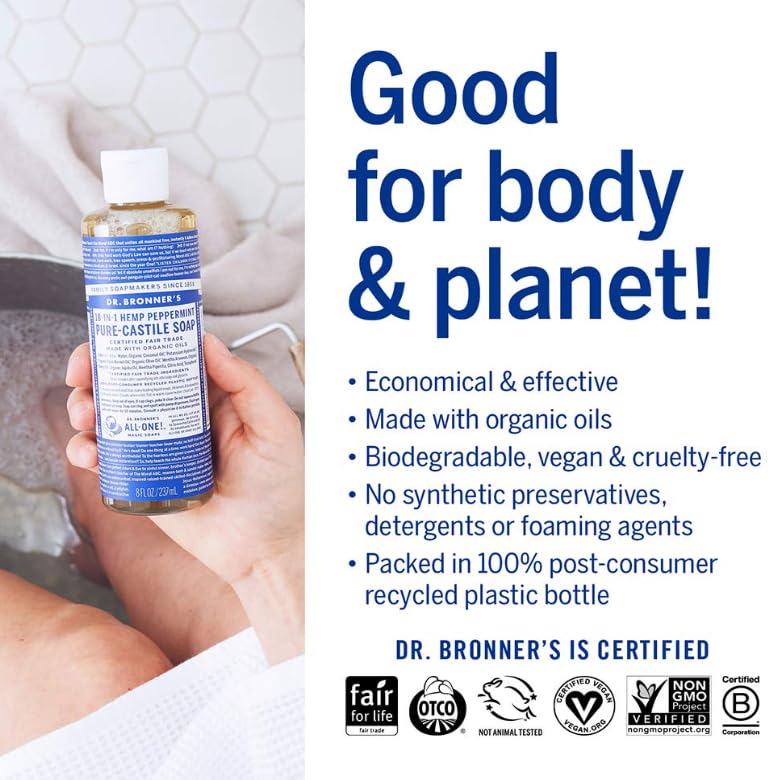 Dr. Bronner's 32 oz Pure-Castile Liquid Soap | Organic, Vegan, Peppermint