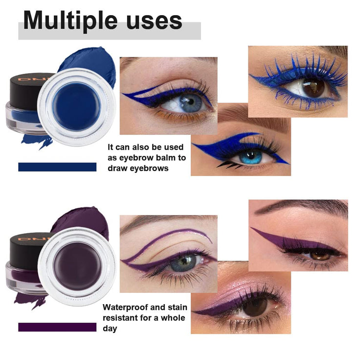evpct Blue & Purple Gel Eyeliner Waterproof Smudge Proof for Waterline Eyebrow Cream Pomade Set with Brushes, Long Wear