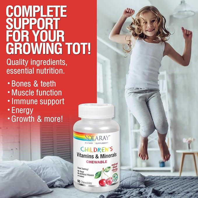 SOLARAY Childrens Vitamins & Minerals Complete Multivitamin for Kids Great Black Cherry Flavor (076280047974) (60 Chews, 30 Serv)