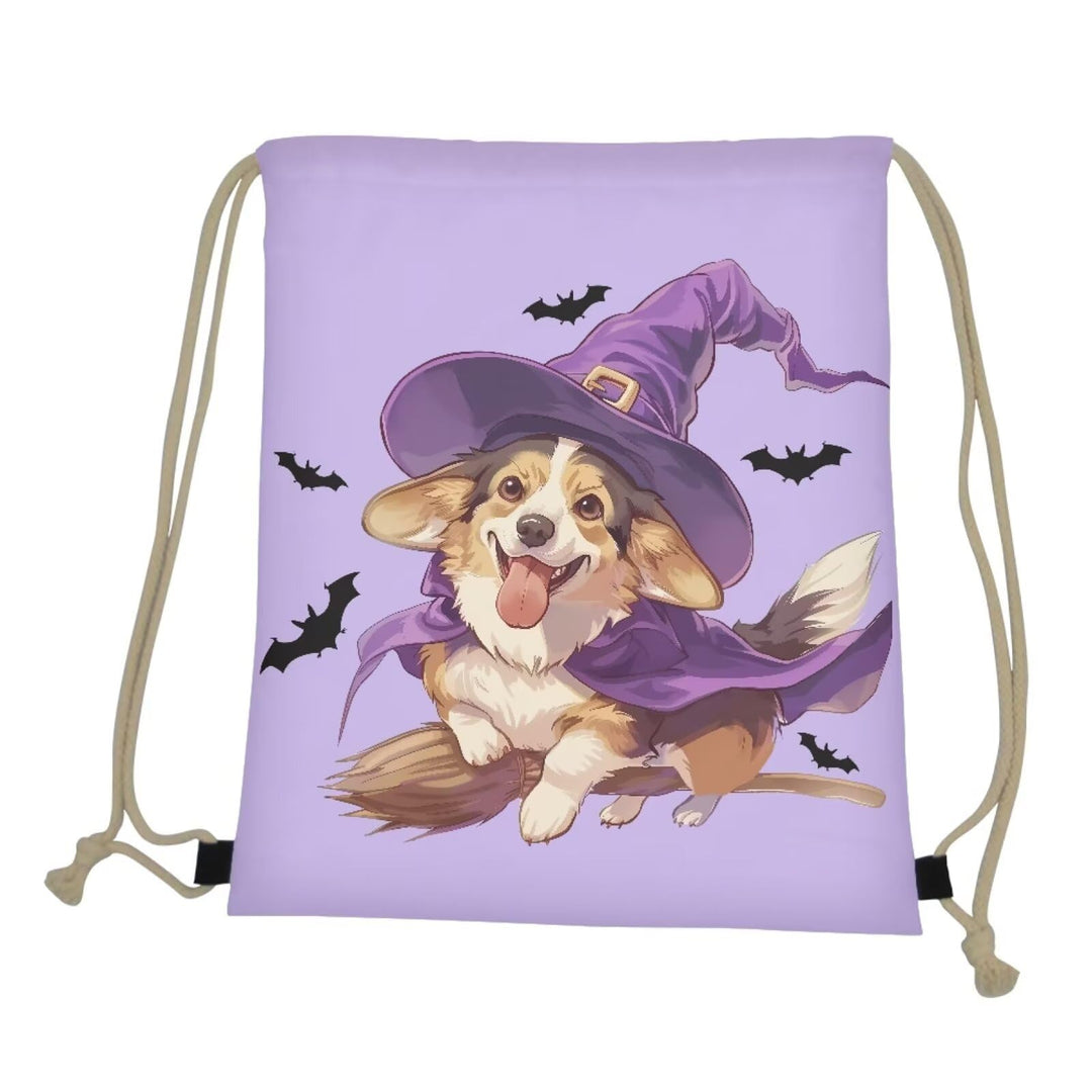 COEQINE Cute Corgi Dogs Drawstring Gym Bag Halloween Bet Halloween Drawstring Bag Purple Witch Animal Pattern Bag