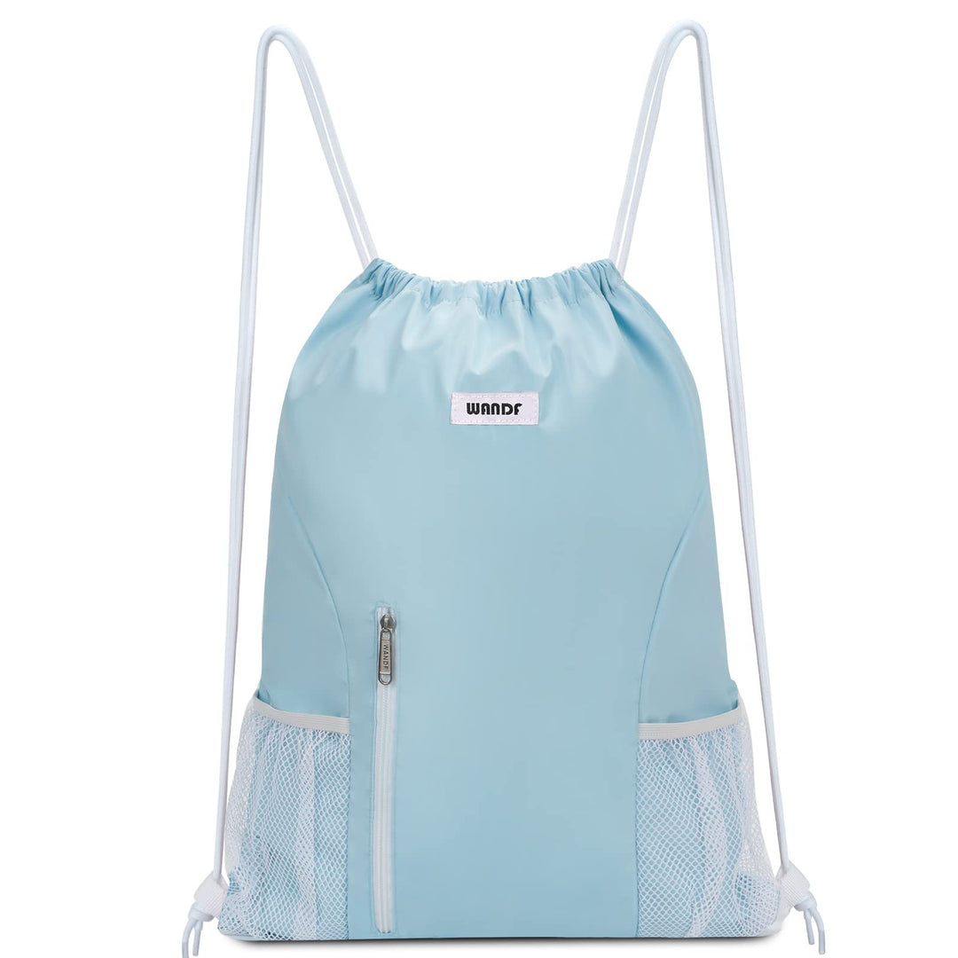 WANDF Drawstring Backpack Sports Gym Sackpack with Mesh Pockets Water Resistant String Bag for Women Men(Light Blue)