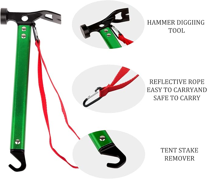 Carbon Steel Aluminum Camping Hammer, 12" Small Lightweight Three-in-One Functional Tent Stake Hammer for Hiking Kit Green
