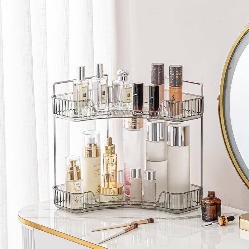 Corner Bathroom Vanity Organiser - Skincare Makeup Organiser Shelf, 2 Tier Grey Counter Shelf for Cosmetics, Toiletries, Lotions, Perfumes