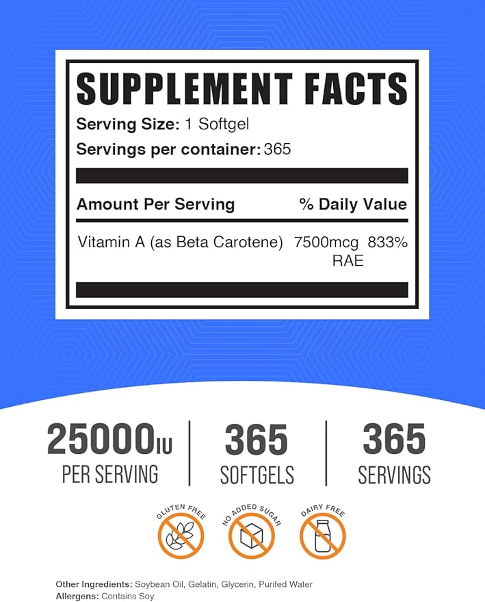 BulkSupplements.com Beta Carotene 25000 IU Softgels - Vitamin A Supplement, Beta Carotene Supplements - for Eye Support, Gluten Free, 1 Softgel per Serving, 365 Count (Pack of 1)