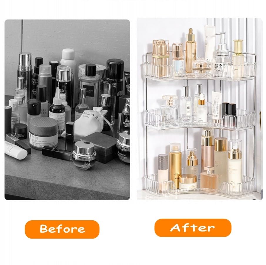 Corner Bathroom Counter Organizer, Vanity Trays for Skincare Makeup, 3-Tier Shelf for Cosmetics, Toiletries, Lotions, Perfumes (Clear)