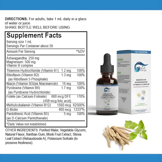 Magnesium, Ashwagandha & B-Complex Liquid Drops | Supports Stress Management,Nervous System,Promotes Energy Levels | Non-GMO and Gluten-Free | 1 Fl Oz (1)
