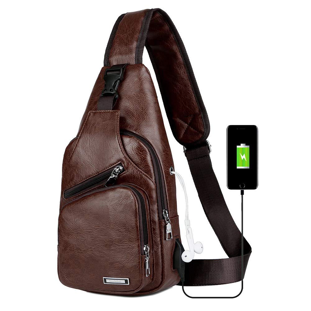Peicees Leather Sling Bag Mens Crossbody Bag Chest Bag Sling Backpack for Men with USB Charge Port